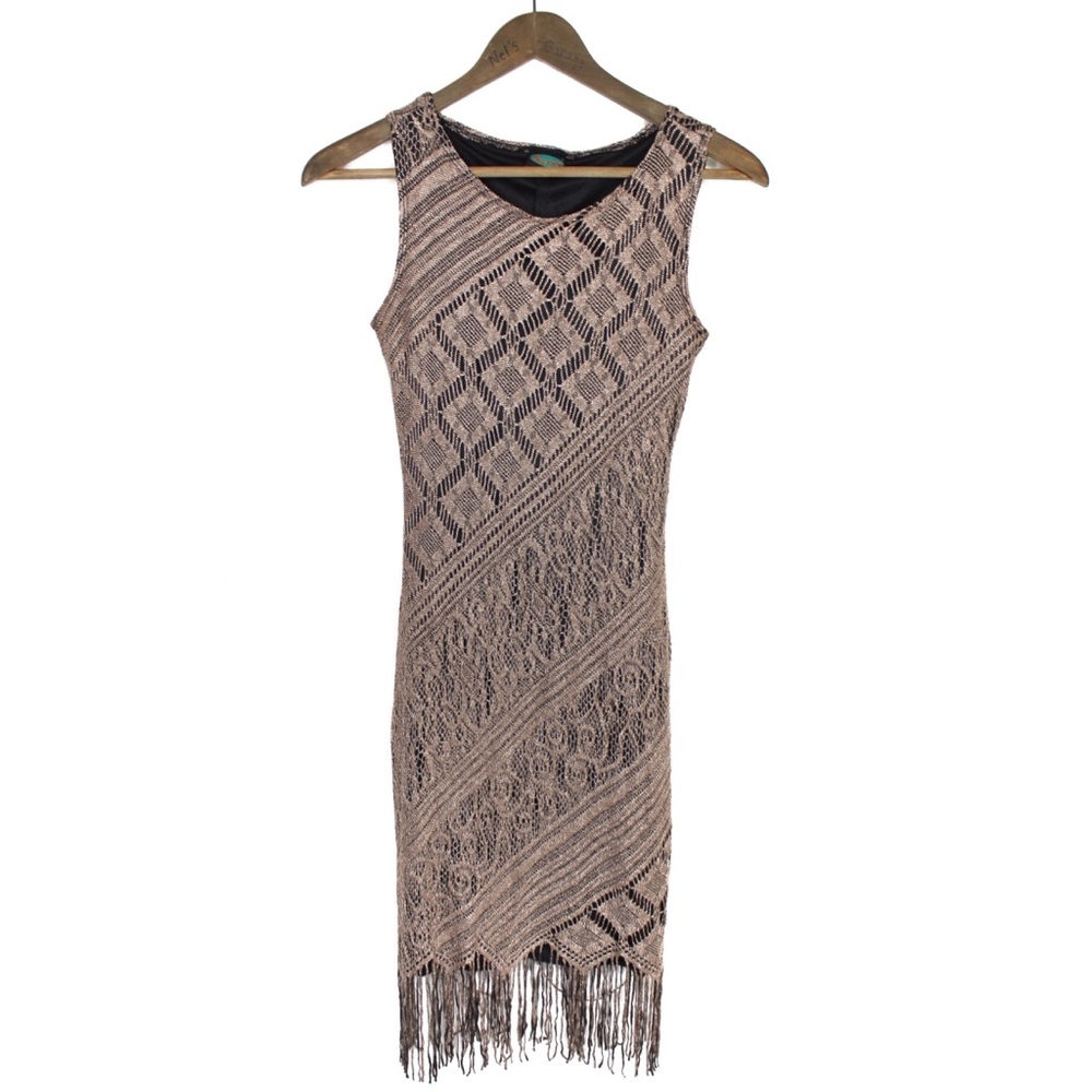 VTG Emboridered Textured Sleeveless Dress with Fringe Tassel Hems Small